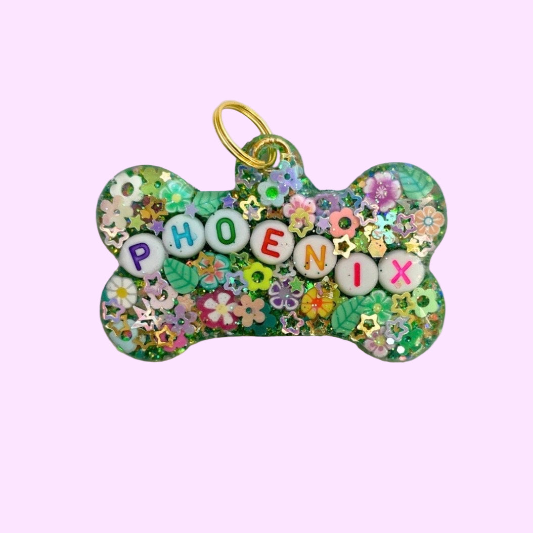 Green Floral Sparkle Pet ID Tag