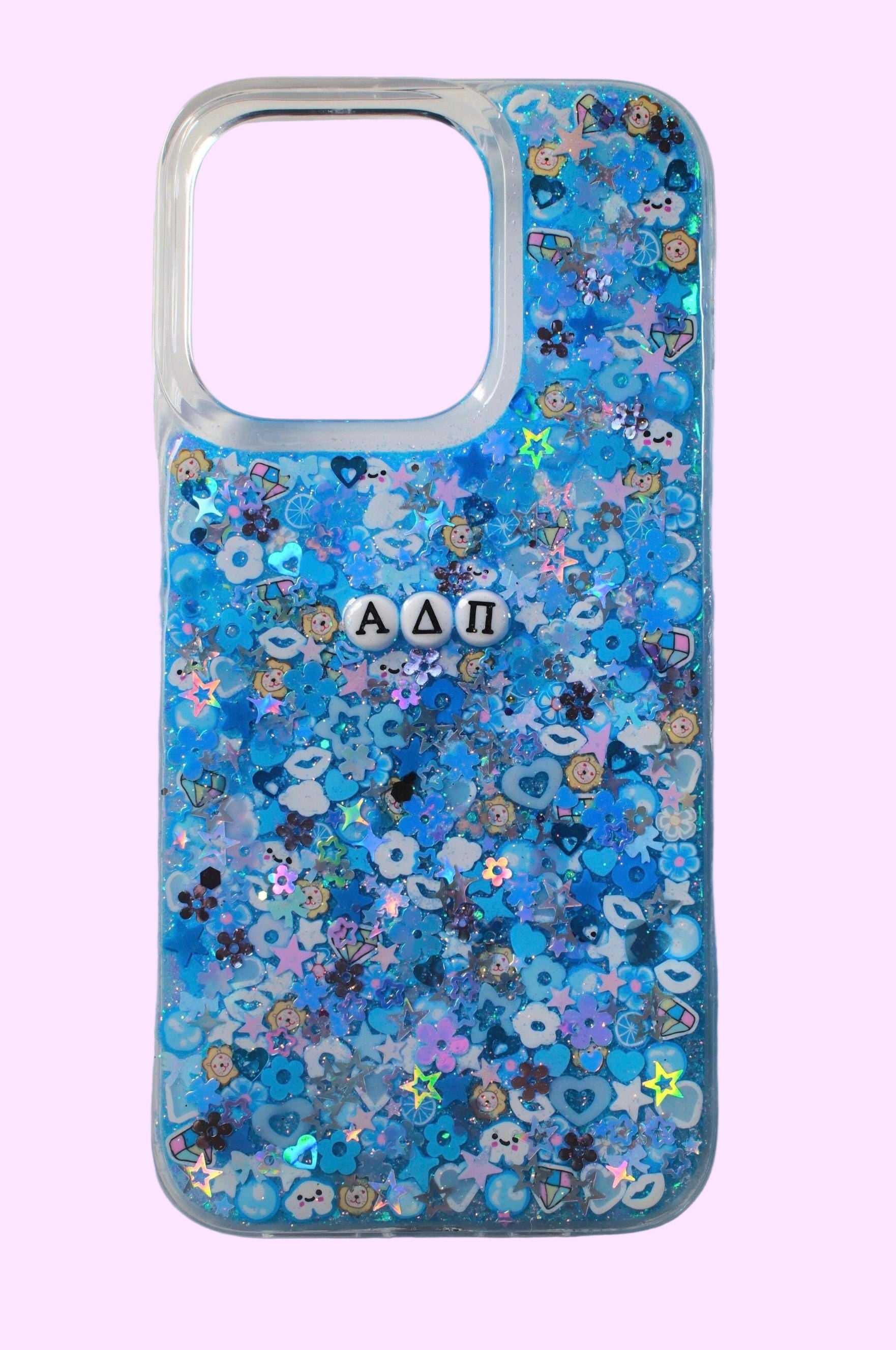 Blue floral phone case with 'ΑΔΠ' letters on a blue background