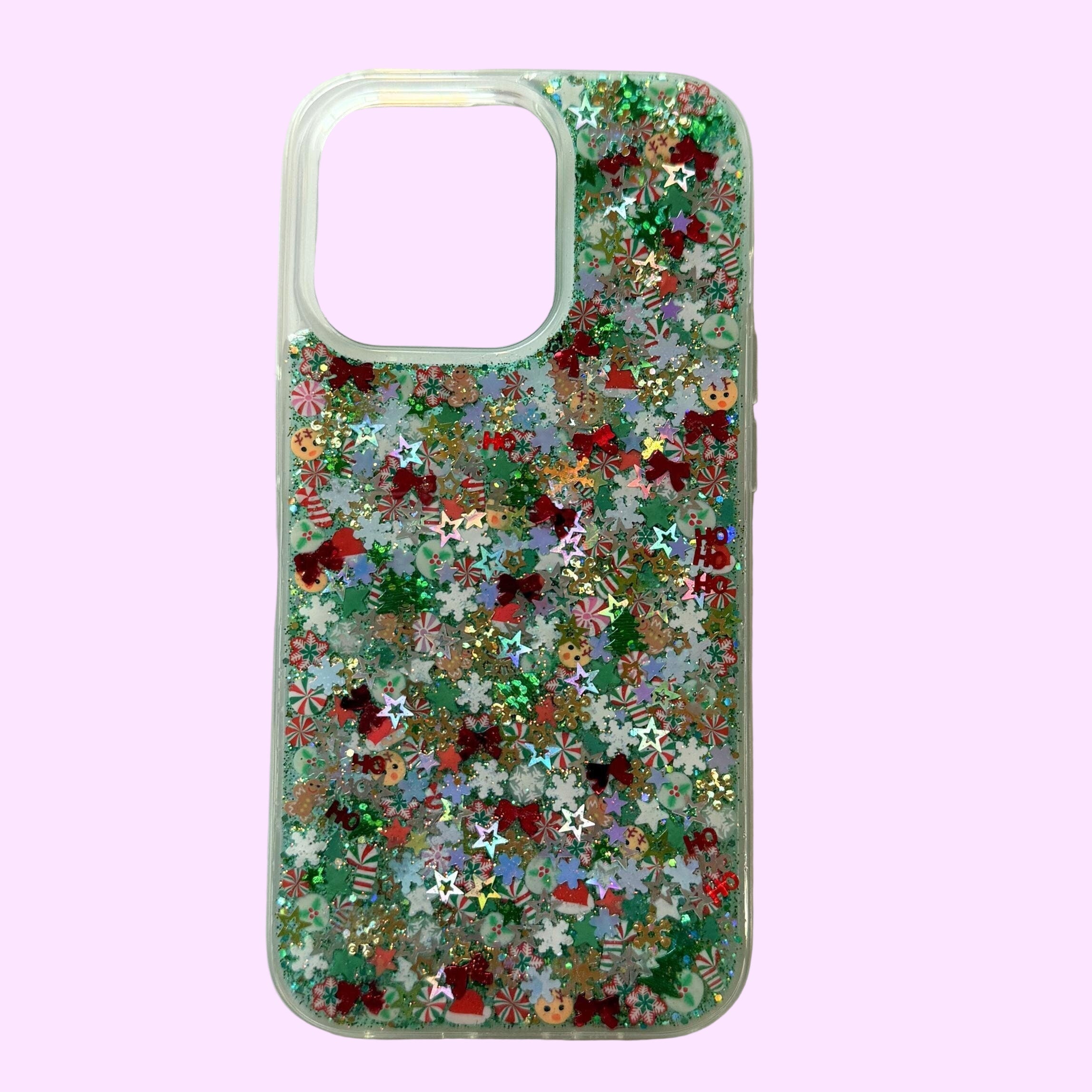 christmas themed phone case with glitter