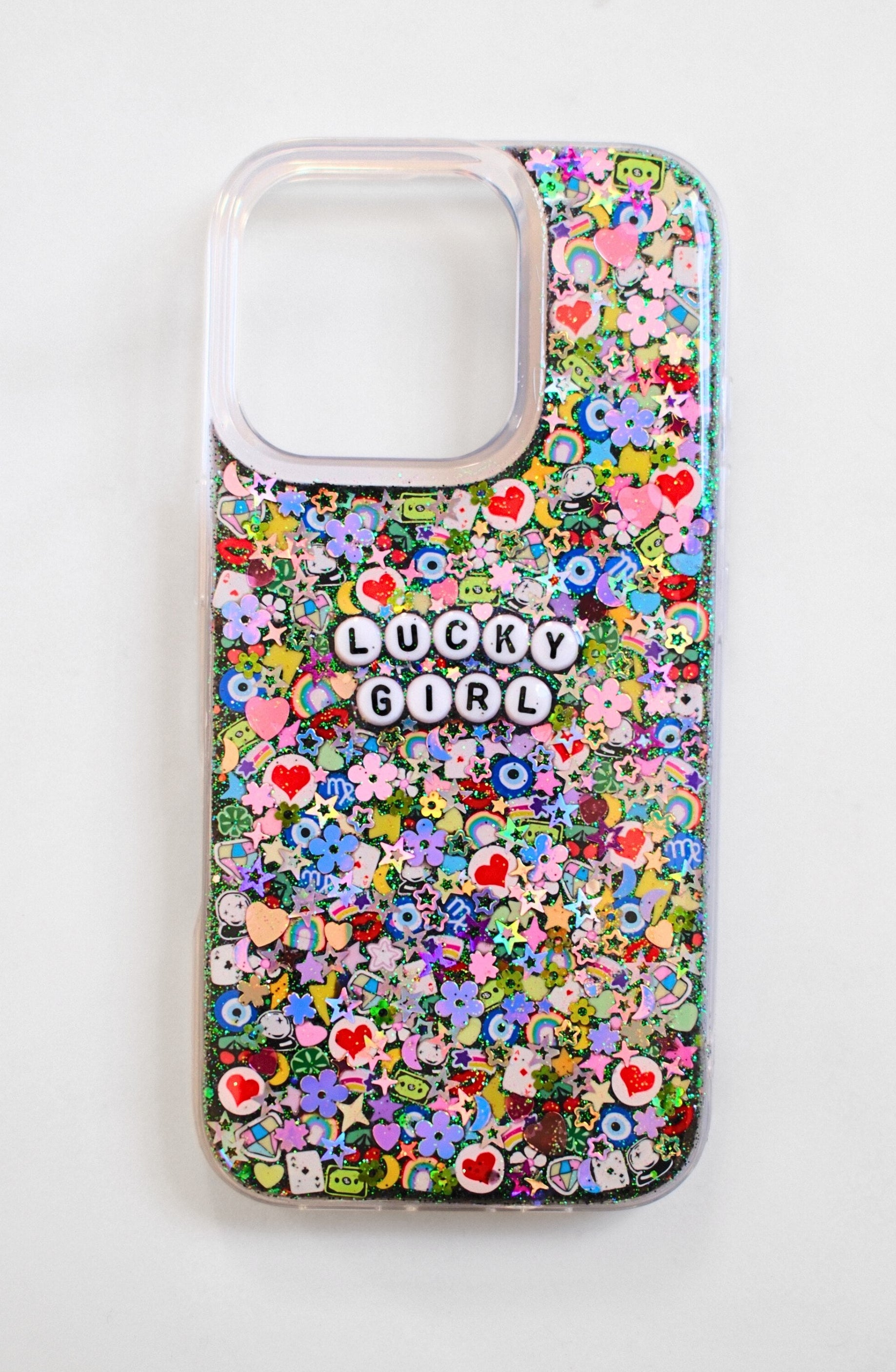 Phone case with colorful floral pattern and 'Lucky Girl' text on a white background