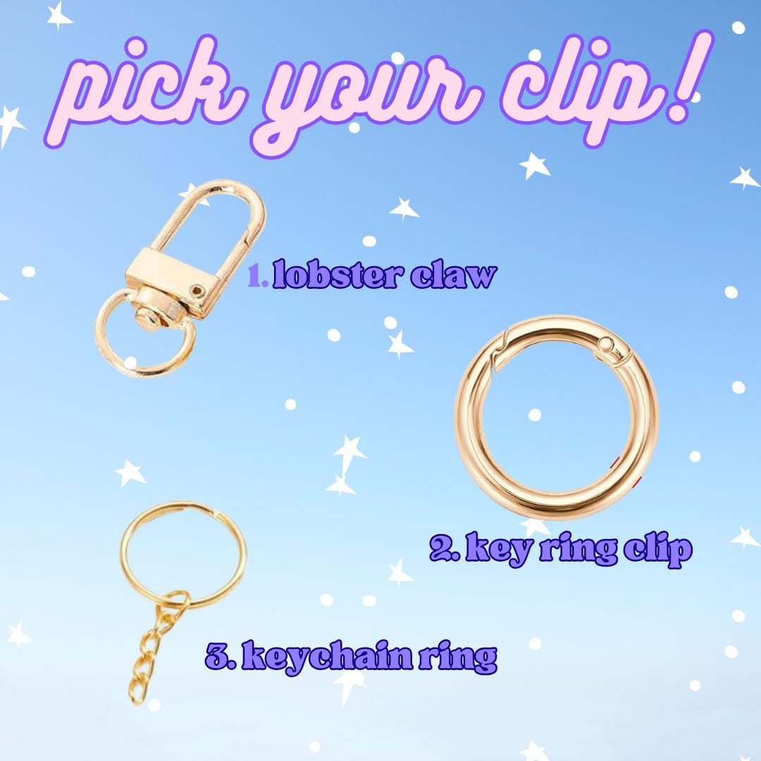 Gold keychain clips on a blue background with text 'pick your clip!'.