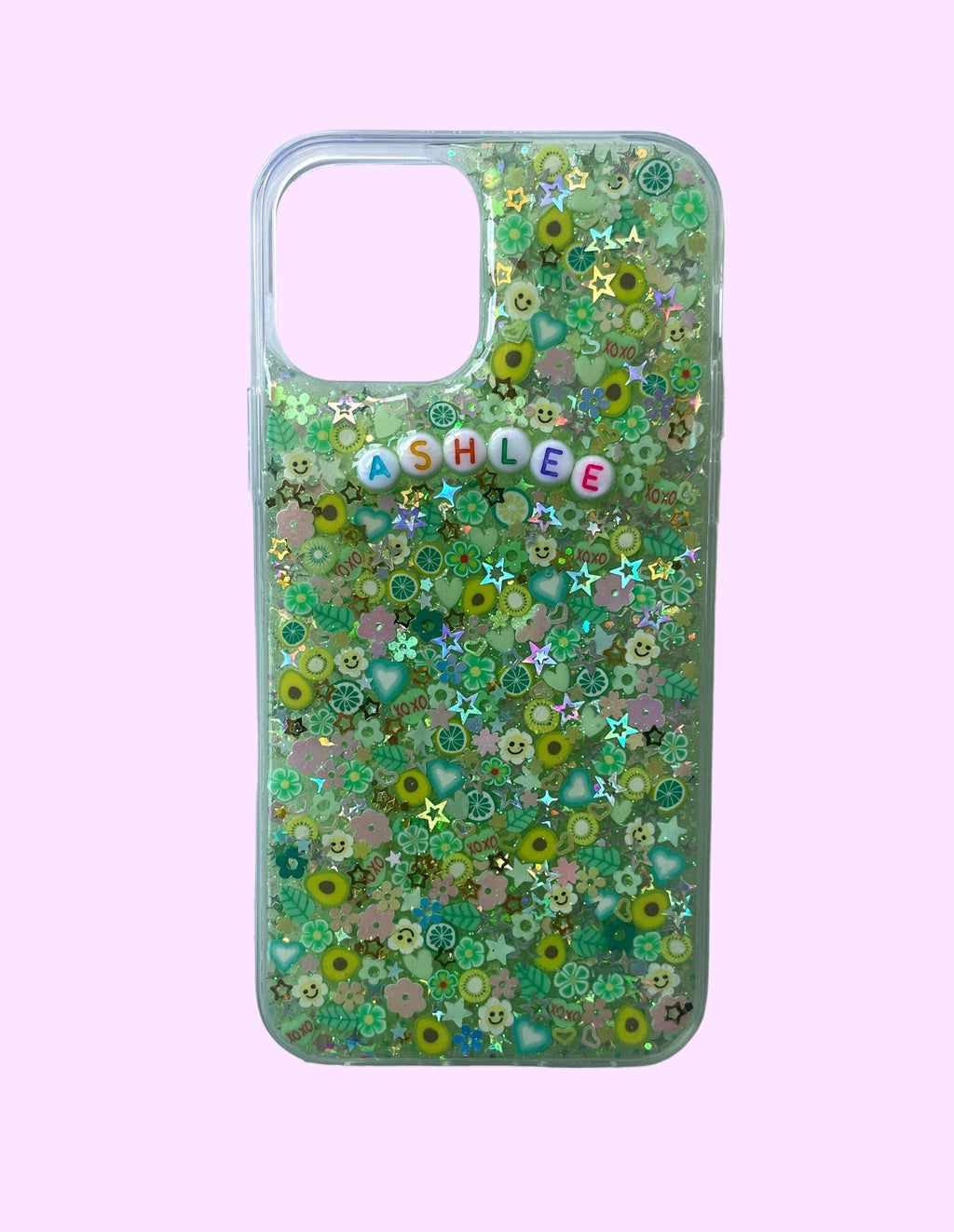 a monochromatic green phone case with green glitter 