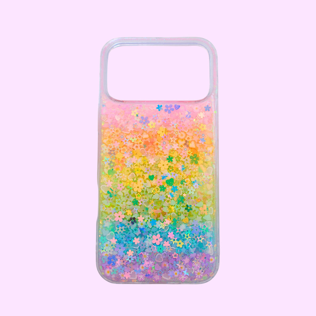 pastel rainbow monochromatic phone case on a soft pink background