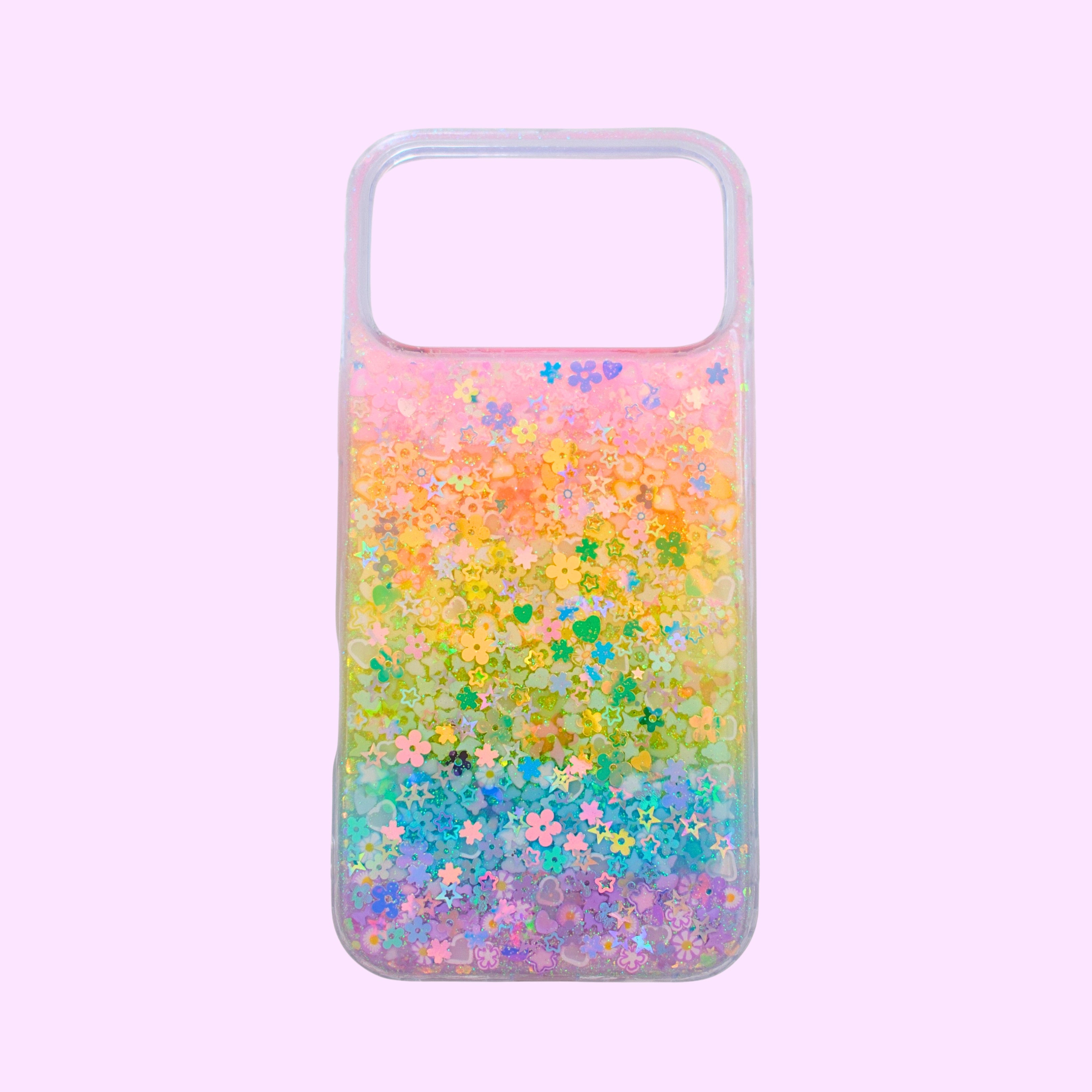 pastel rainbow monochromatic phone case on a soft pink background
