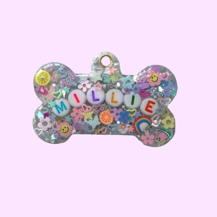 pastel rainbow pet tag silver glitter